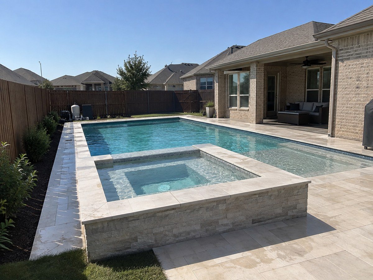 Rectangular pool with a raised stone spa and travertine deck behind a brick home in Prosper